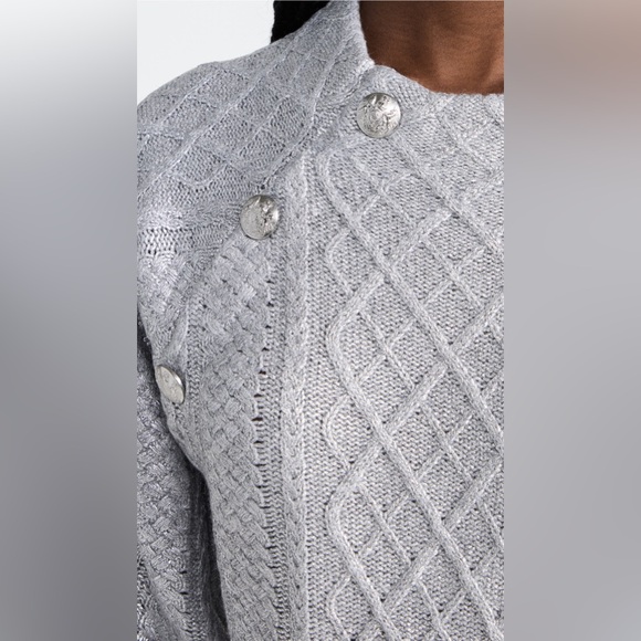 Veronica Beard Grady merino wool silver metallic moto knit sweater - Picture 4 of 10